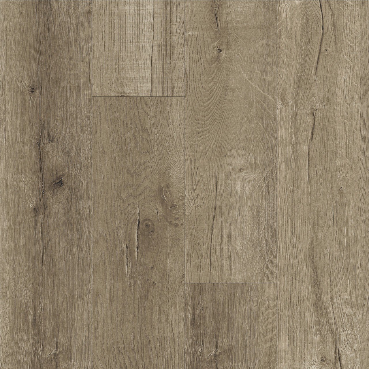 Напольное покрытие под дуб в серо-коричневом оттенке с выразительными волокнами и сучками, палубная укладка со смещением